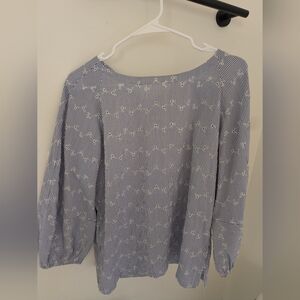 LOFT Navy and White Pinstripe Eyelet Blouse button down back